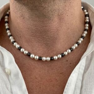 Men's Pearl Man Jewelry 14K Gold Celebrity Real Freshwater Pearls Onyx